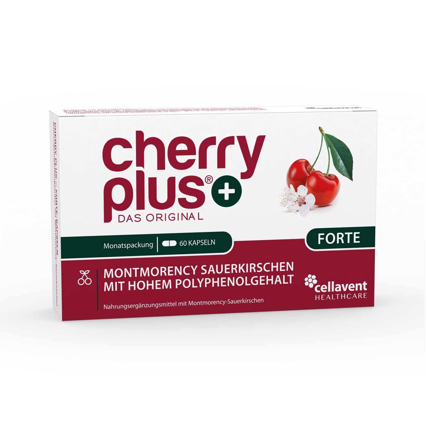 Packaging of cherry plus dietary supplement with Montmorency cherries image.